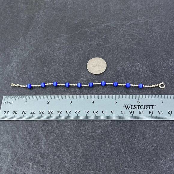 Vintage Sterling Silver 925 5mm Blue Synthetic Cat's Eye Bracelet 7" - Picture 5 of 5